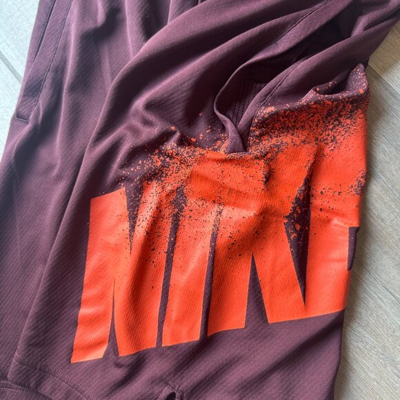 Nike Maroon Athletic Gym Shorts with Orange Swoosh Logo | Men’s Small - Picture 3 of 5